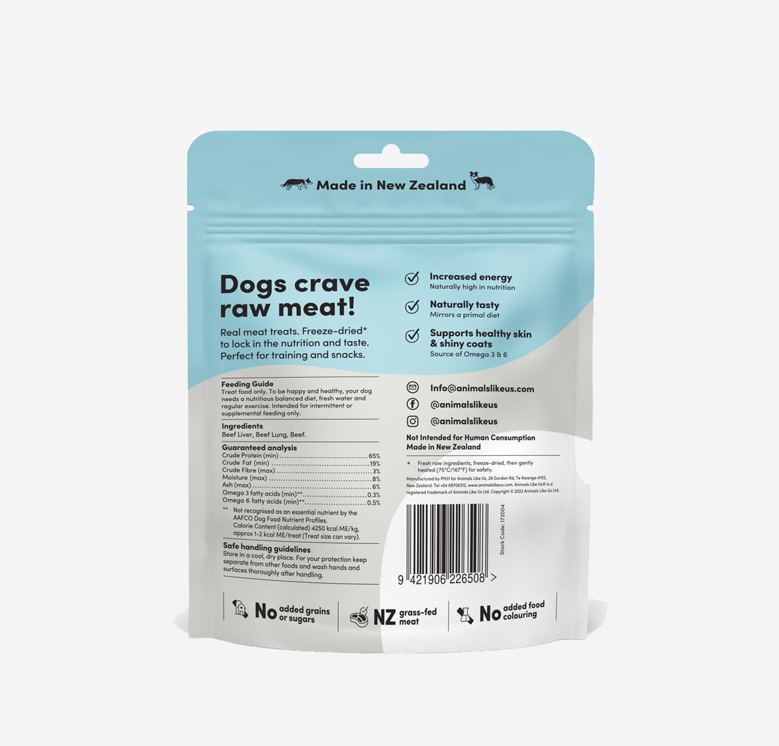 Packaging for New Zealand made freeze-dried raw beef dog treats highlighting nutrition and feeding guide.