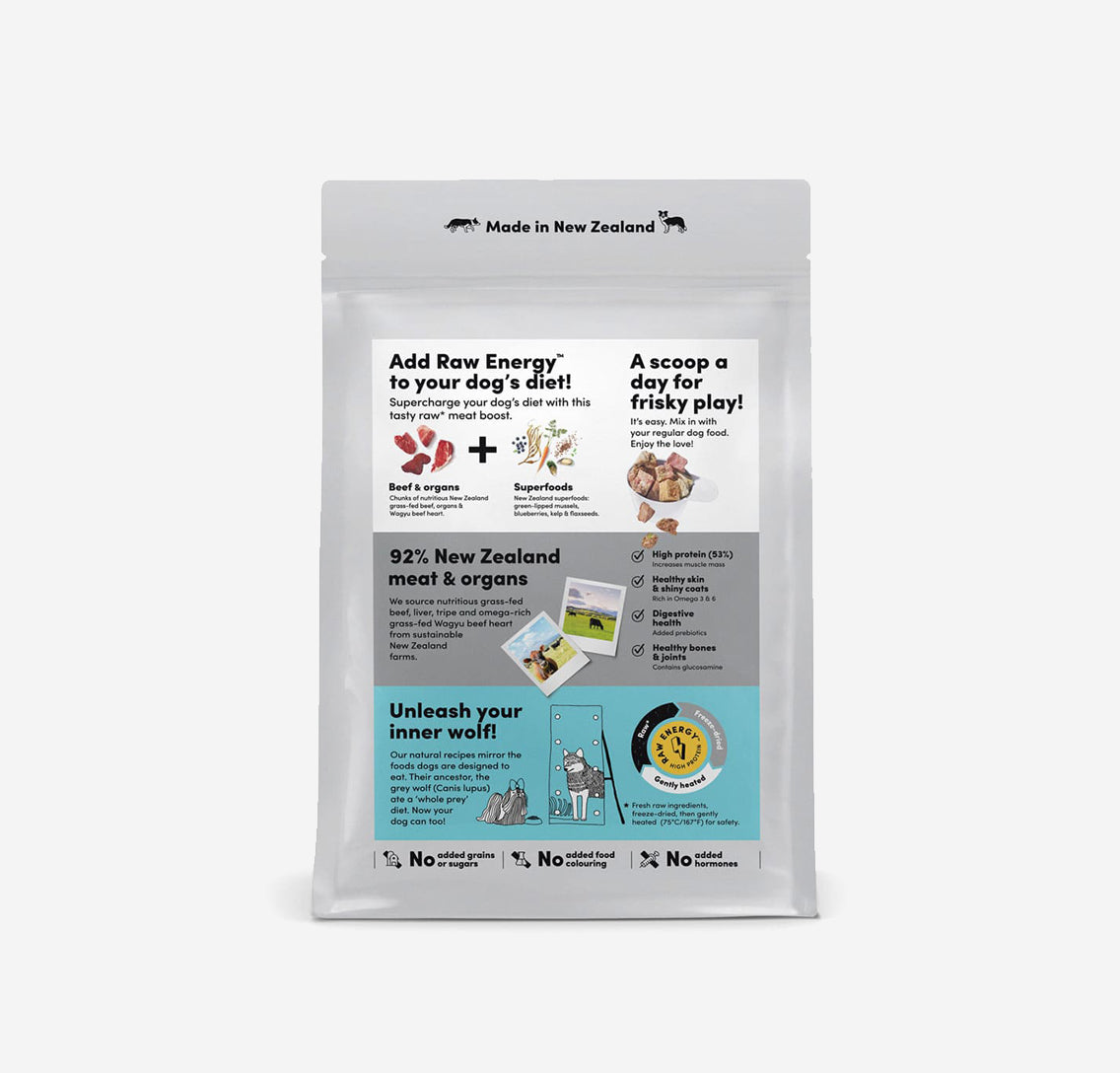Animals Like Us Meal Mixer is made of 100% Raw freeze-dried New Zealand grass-fed beef, organs, Wagyu Beef heart, and superfoods. Supercharge your dog's diet with this tasty raw meat boost by adding to your dog's regular food to boost taste and nutrition.