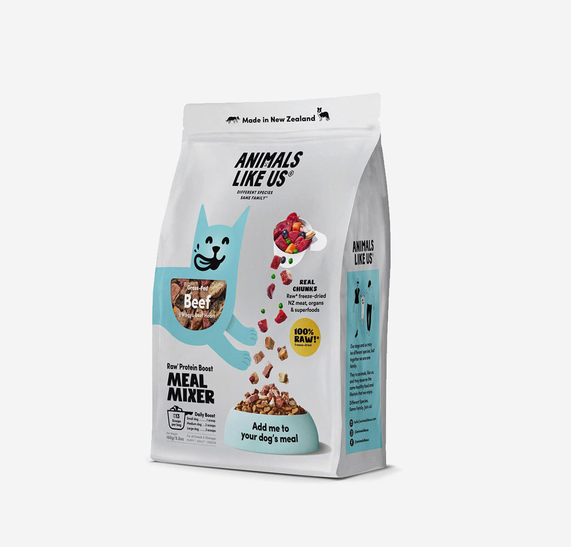Animals Like Us Meal Mixer is made of 100% Raw freeze-dried New Zealand grass-fed beef, organs, Wagyu Beef heart, and superfoods. Supercharge your dog's diet with this tasty raw meat boost by adding to your dog's regular food to boost taste and nutrition.
