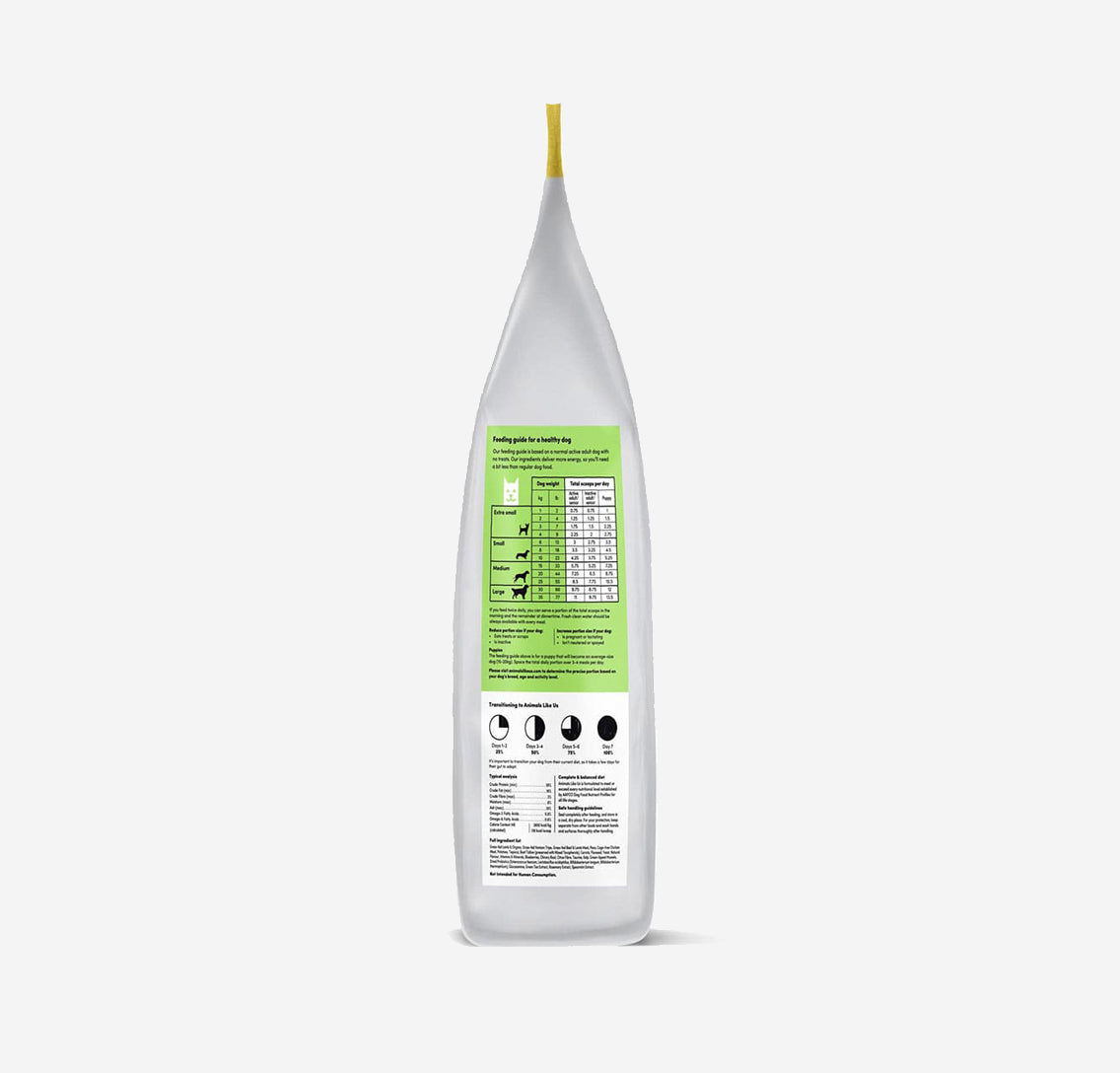 A white pet food bag with a green feeding guide label for dogs, detailing portions based on size and weight.