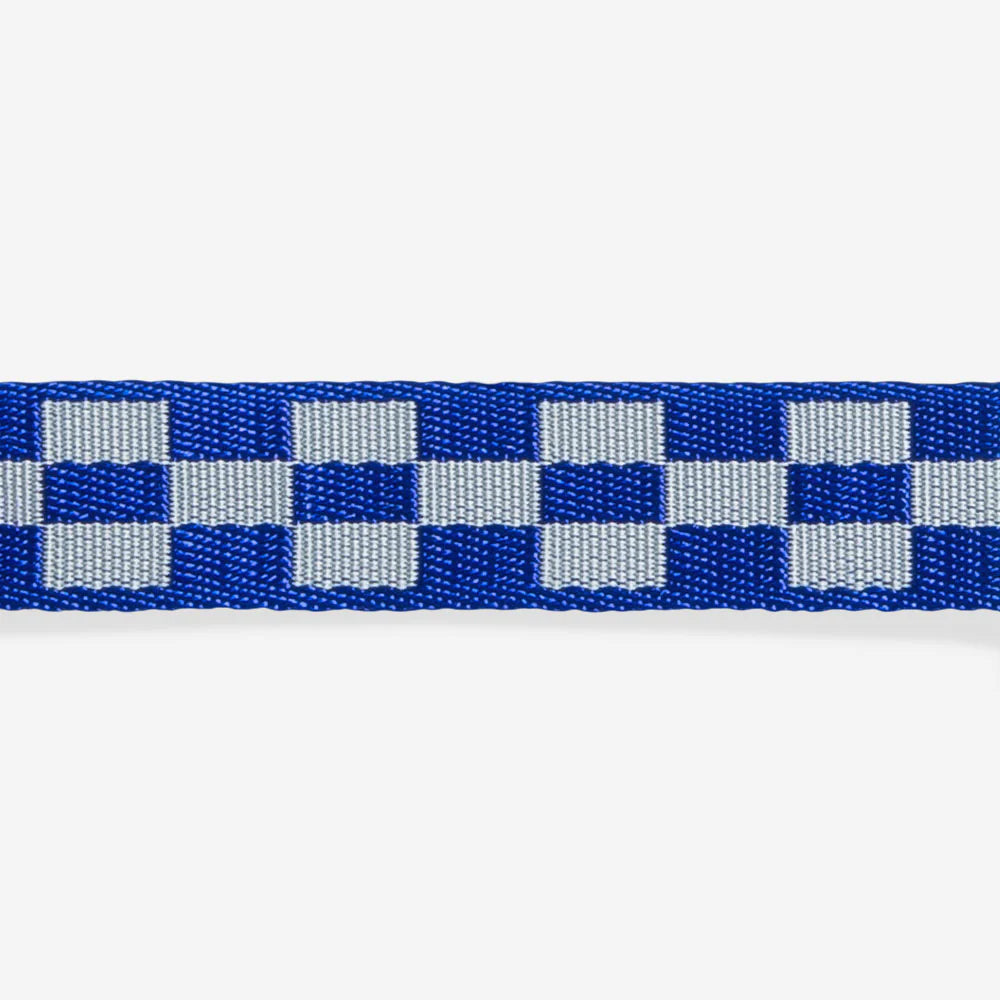 Blue and white checkered ribbon on a white background.