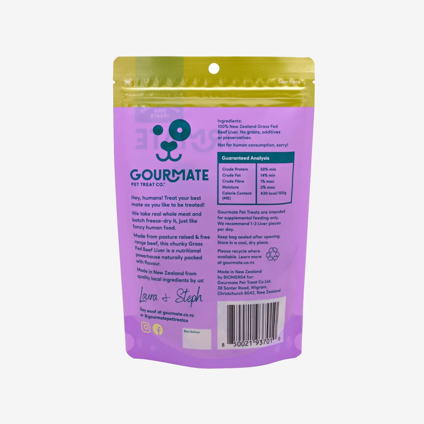 A package of Gourmate Pet Treat Co. grass-fed beef liver dog treats with some product pieces in front.