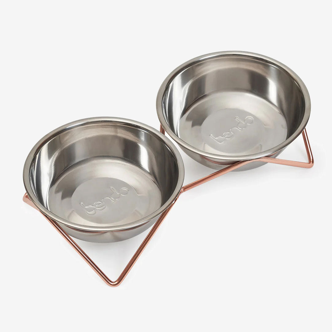Two stainless steel chrome pet bowls with a copper-coloured stand on a white background.