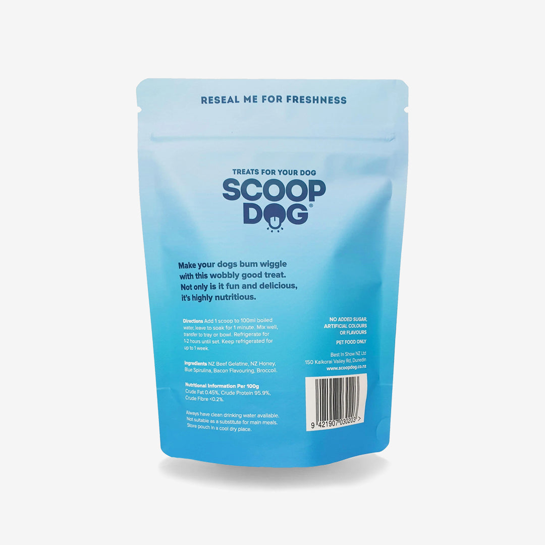 Blue dog treat package with text and nutritional info, labeled "SCOOP DOG".