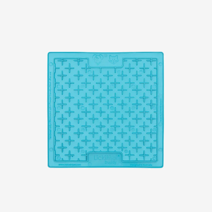Light blue silicone pet licking mat with a cross pattern, designed to promote slow eating and provide mental stimulation for pets.