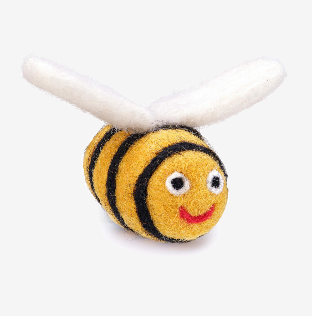 A felted toy bee with smiling face, white wings, and yellow and black stripes.