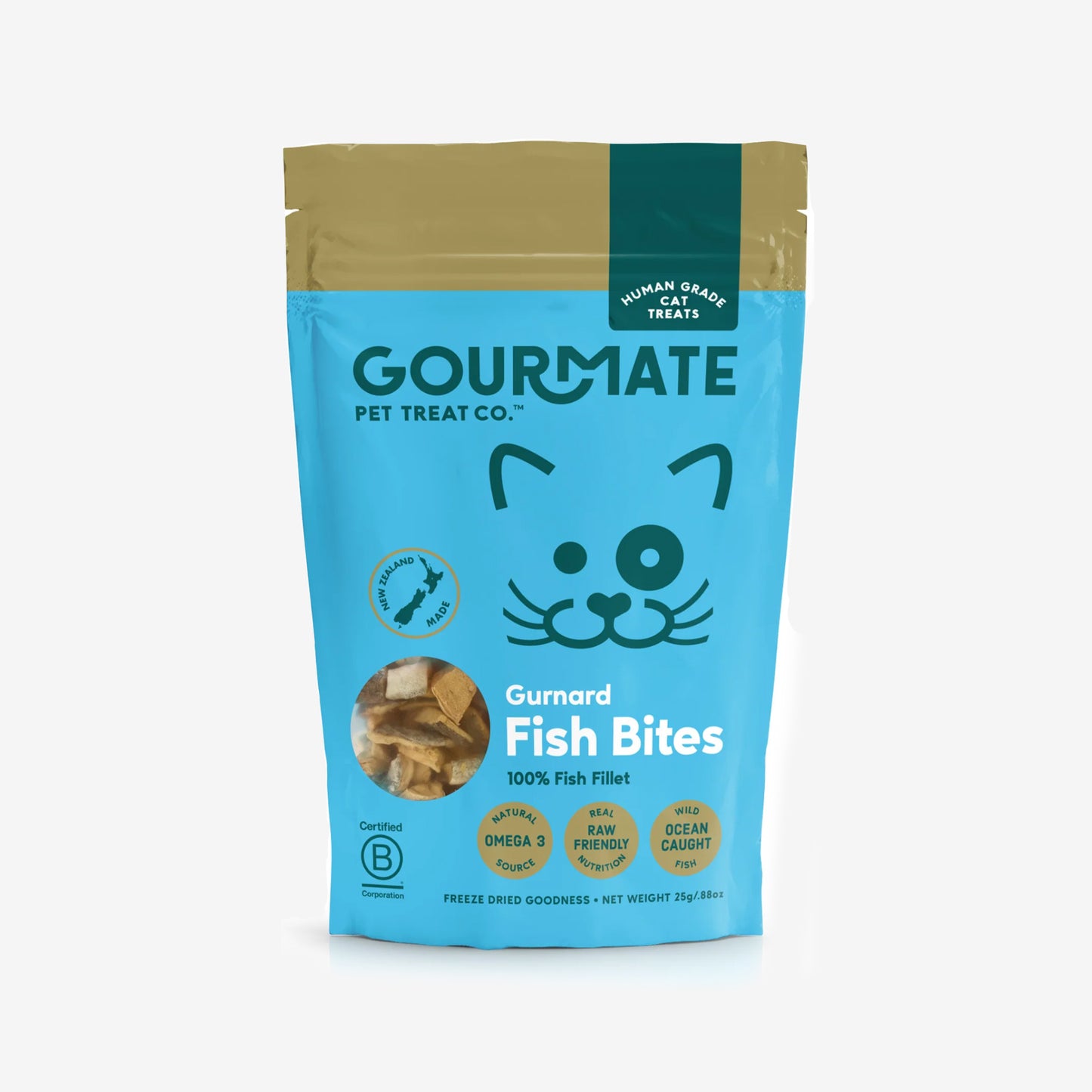 A bag of Gourmate Pet Treat Co. Gurnard Fish Bites for cats, highlighting natural ingredients and omega-3.