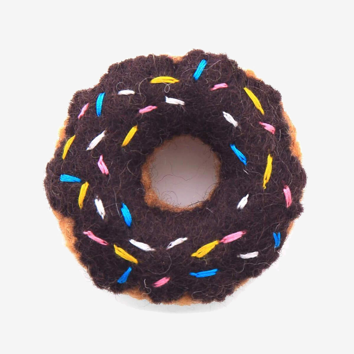 A knitted cat toy resembling a chocolate doughnut with colourful sprinkles, isolated on a white background.
