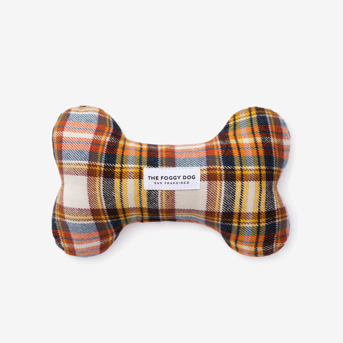 Plaid fabric dog bone toy with "The Foggy Dog San Francisco" label on a white background.