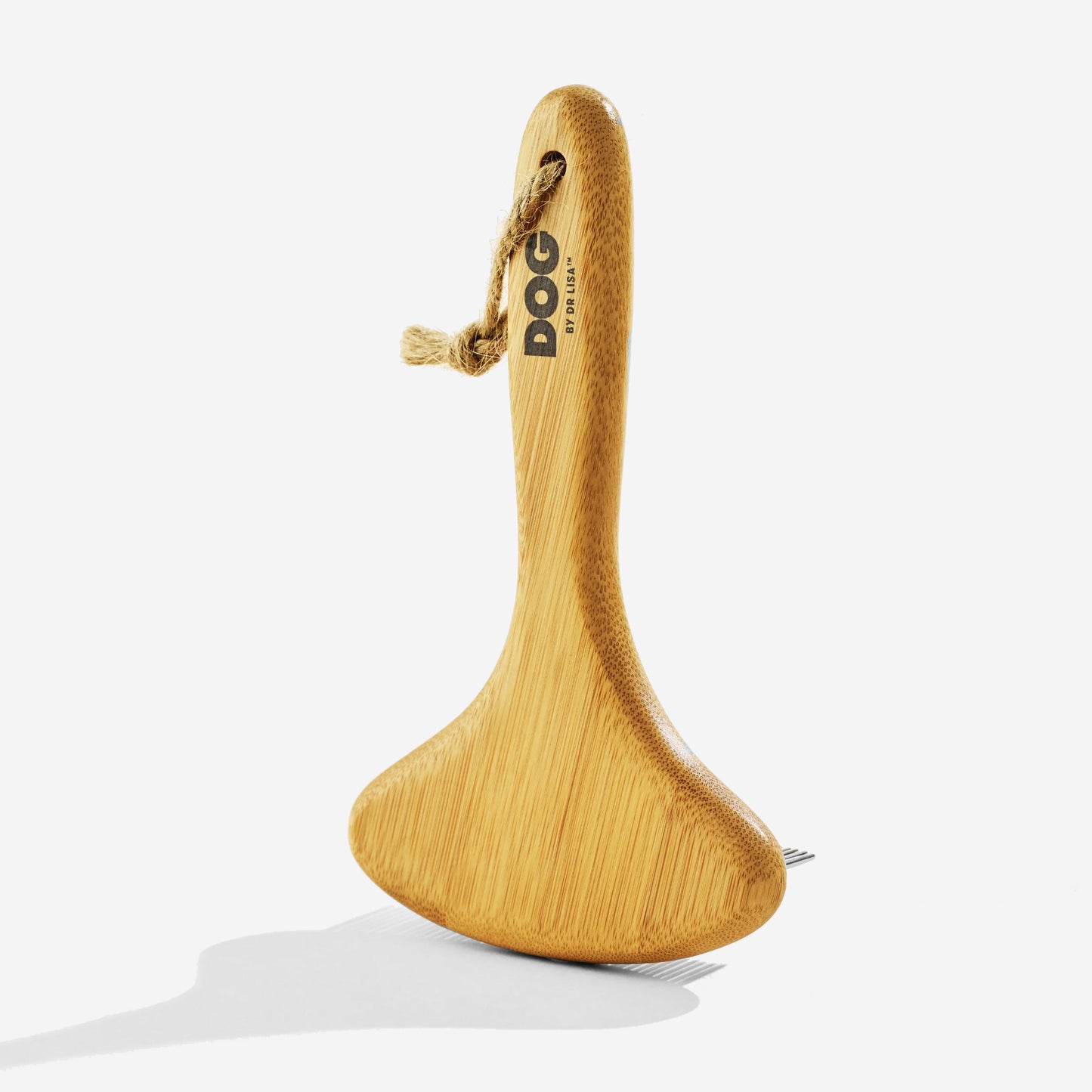 Bamboo dog grooming tool with a rounded base and forked end, featuring a logo and a rope for hanging.