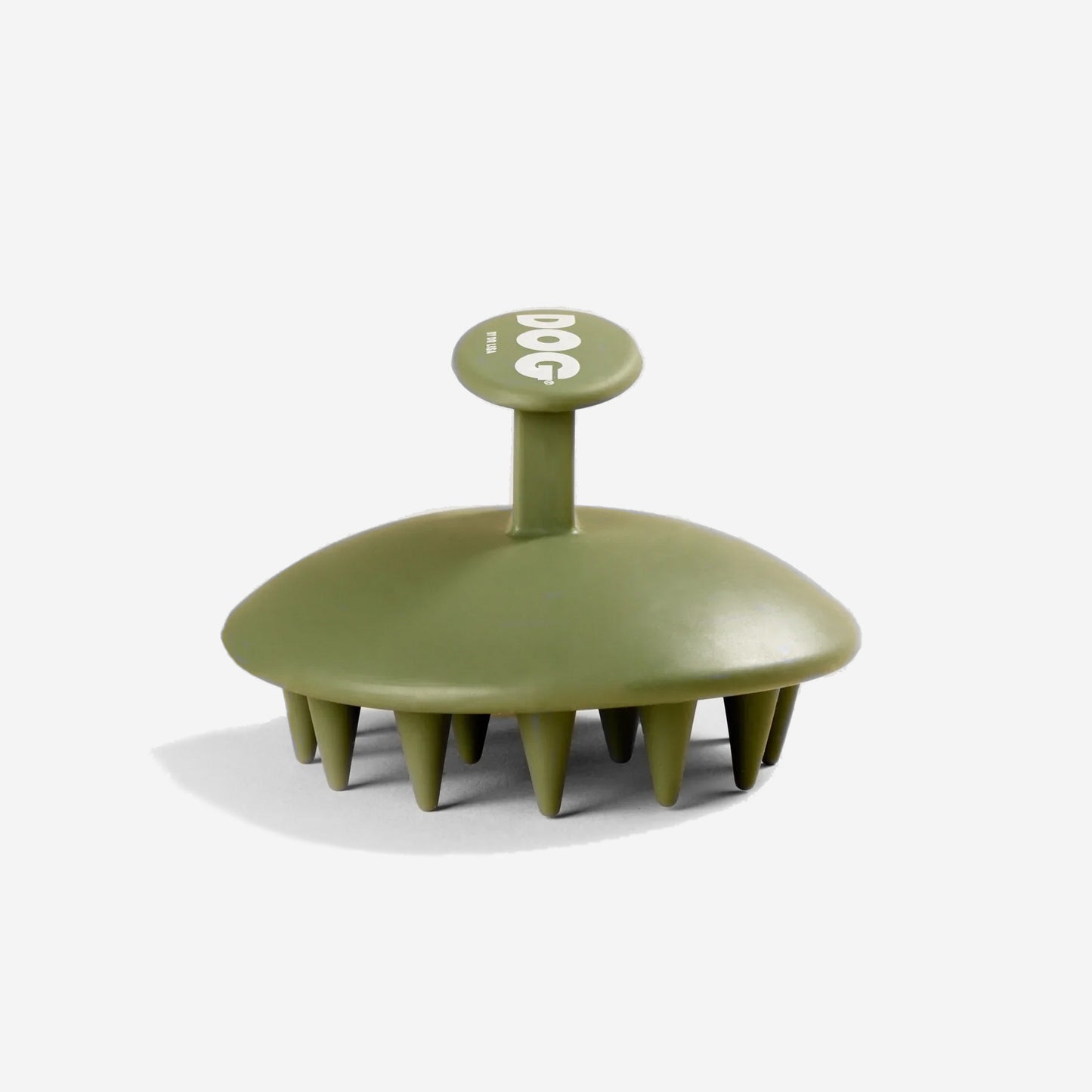 Olive green silicone dog brush with "DOG by DR Lisa" logo, on a light background.