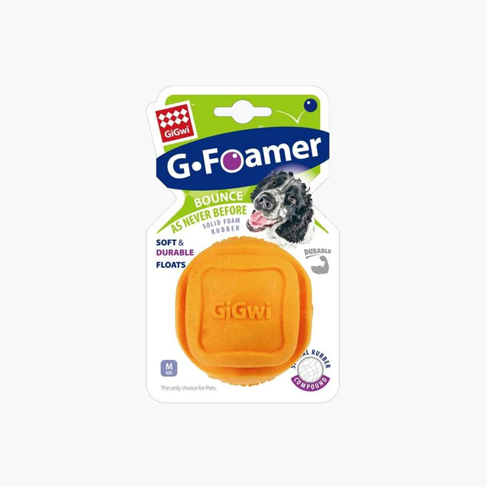 Packaged orange G.Foamer dog toy with the term "Bounce as never before" and a happy dog image.