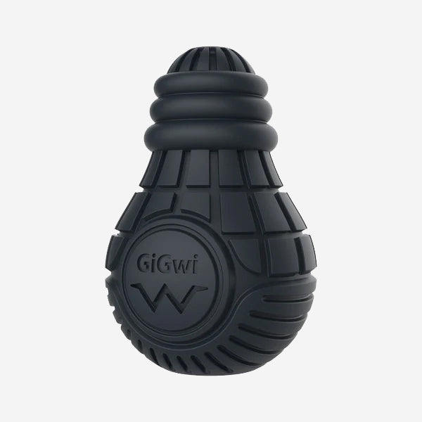 Black bulb shaped dog toy with a hollow center to put treats inside with exterior grooves.