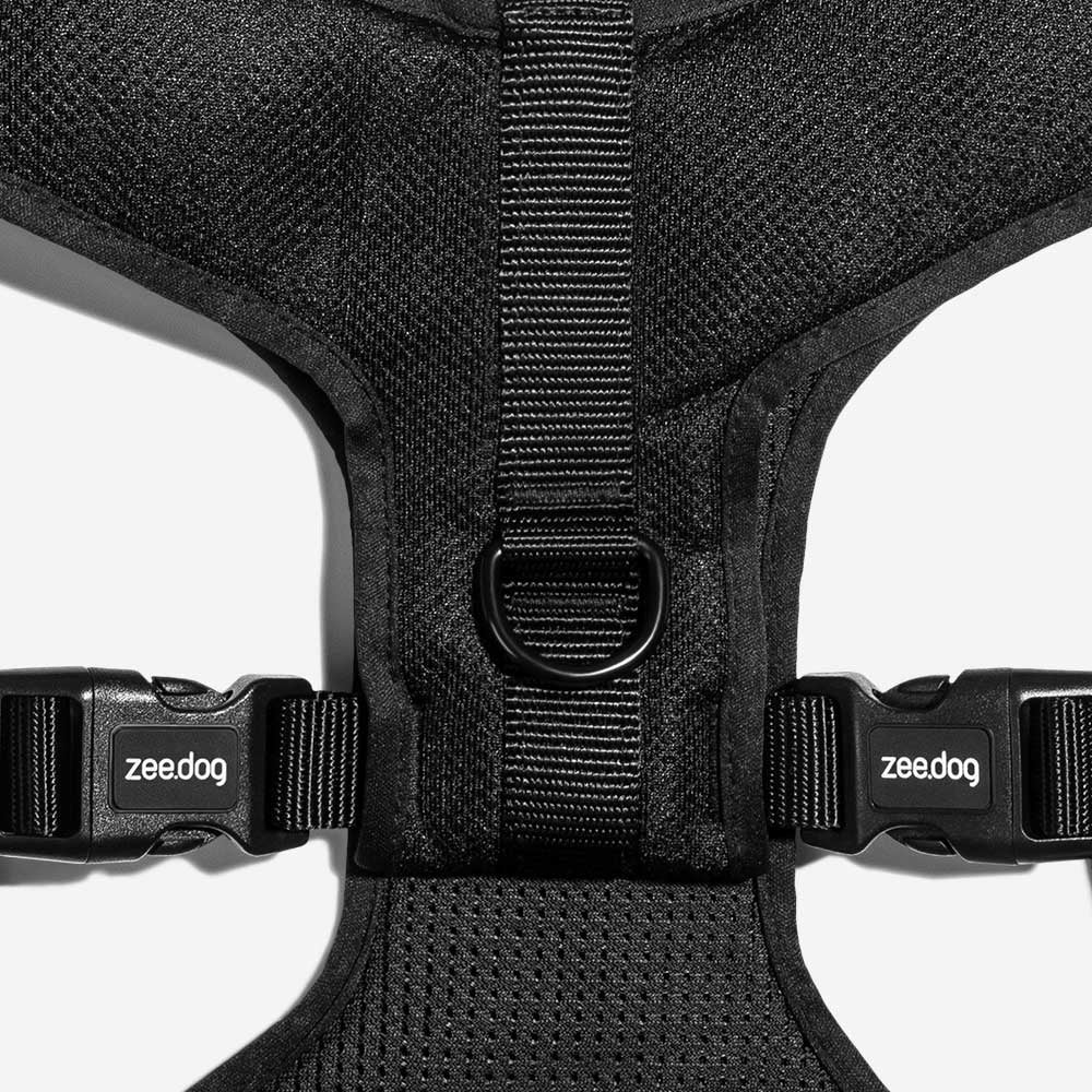 Close-up of a black air mesh dog harness with brand "zeedog" on the buckles.