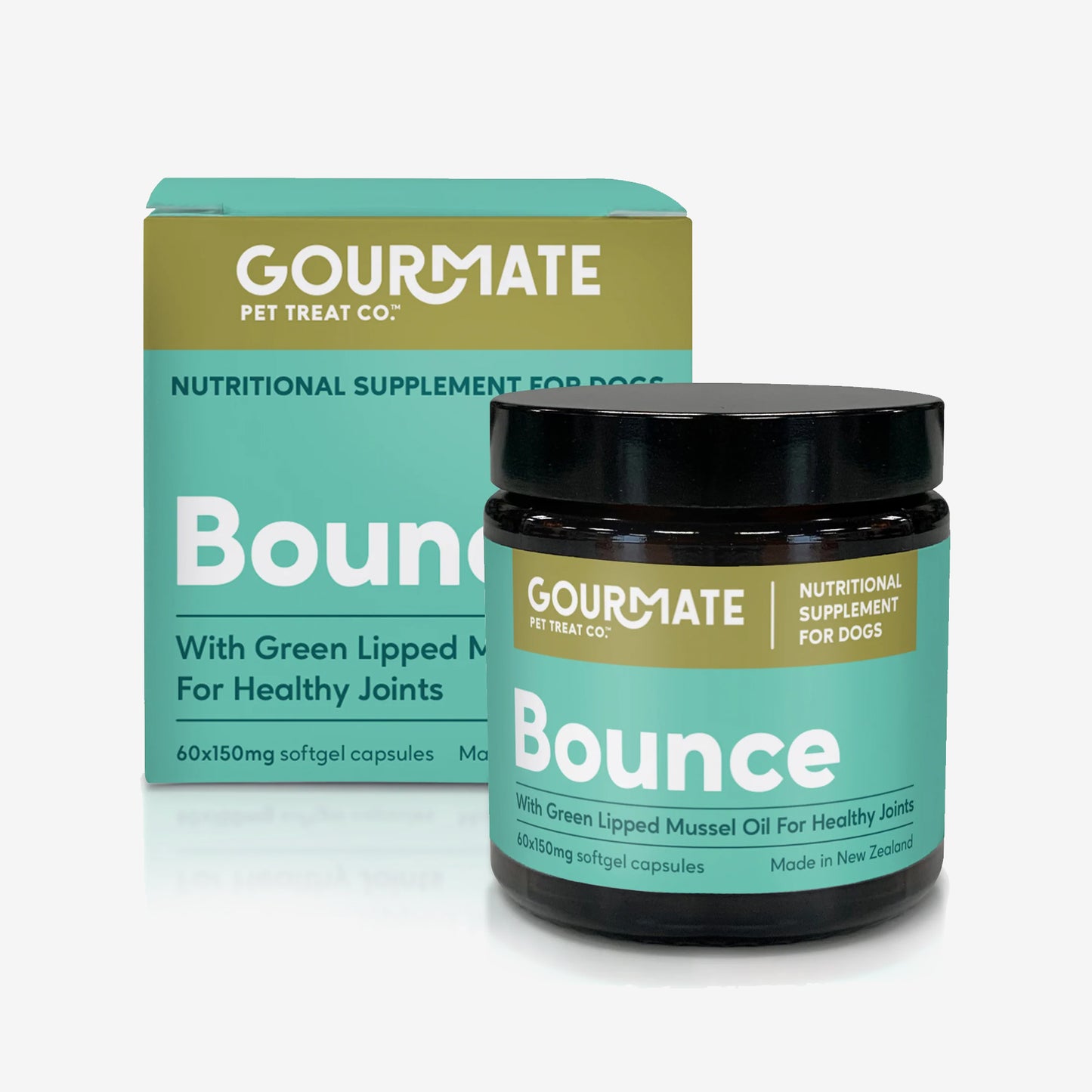 Dog joint supplement bottle and box labeled 'Bounce with Green Lipped Mussel Oil.