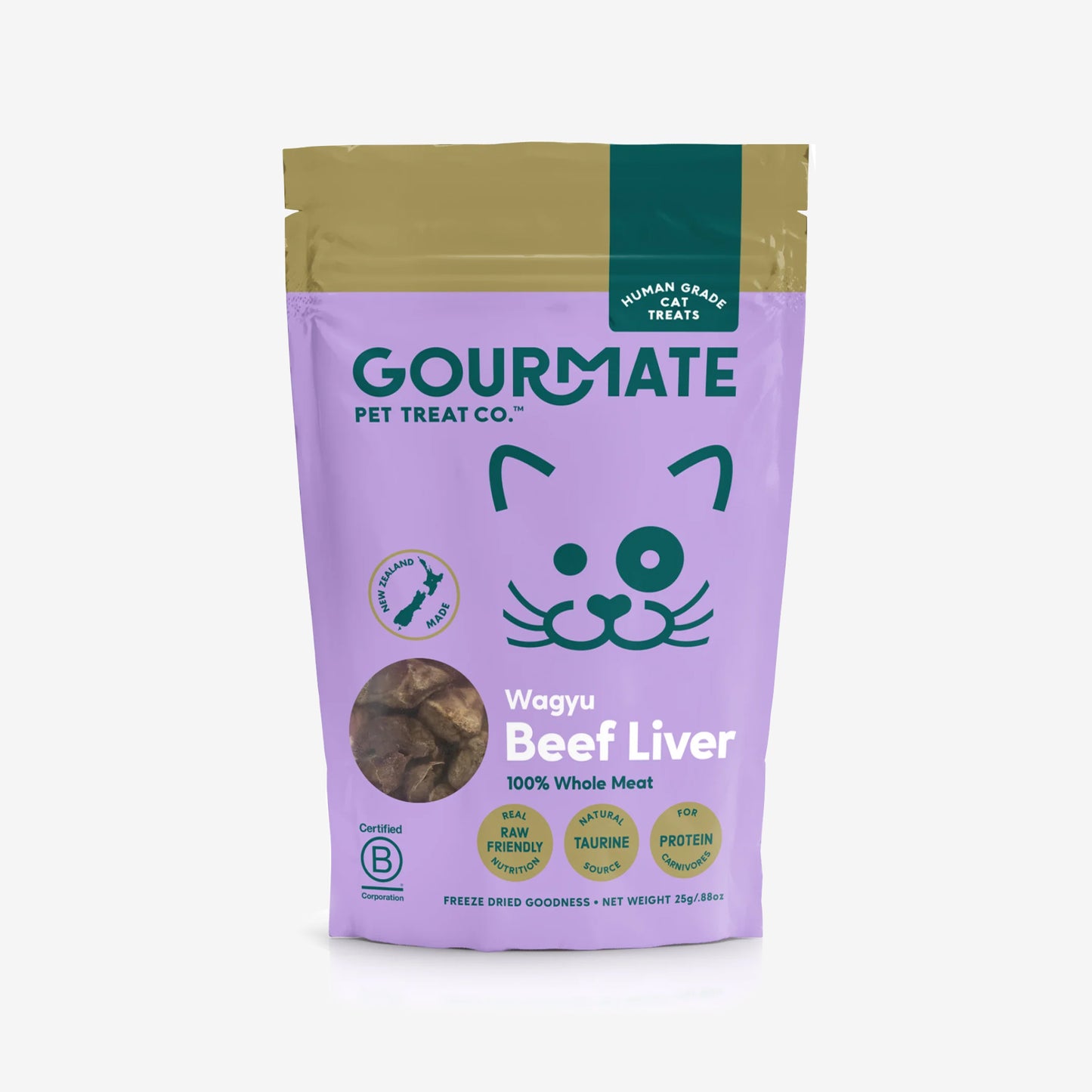 A package of GOURMATE cat treats with Wagyu Beef Liver, labeled as freeze-dried and human-grade.
