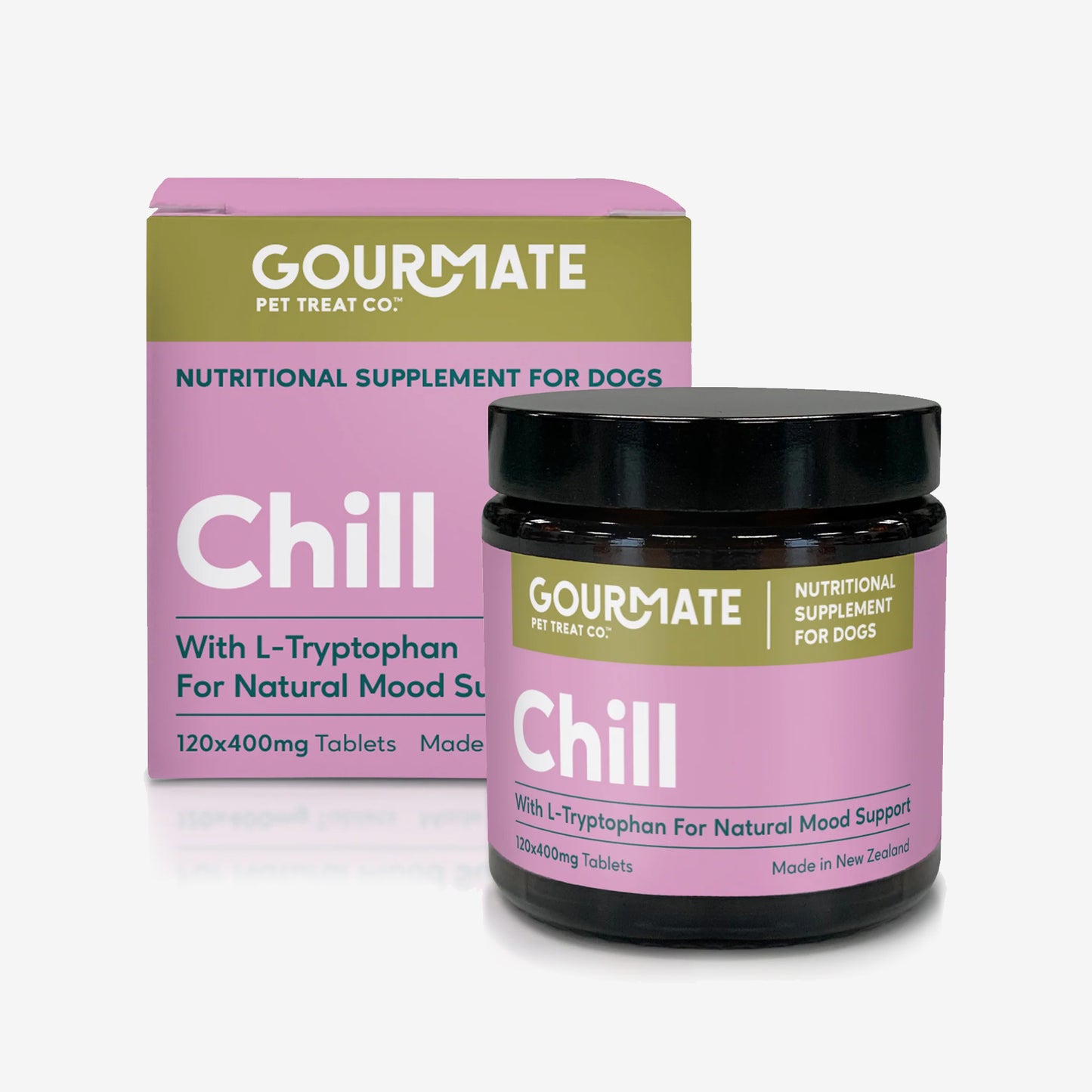 A container and box of 'Chill' dog supplements with L-Tryptophan for mood support.