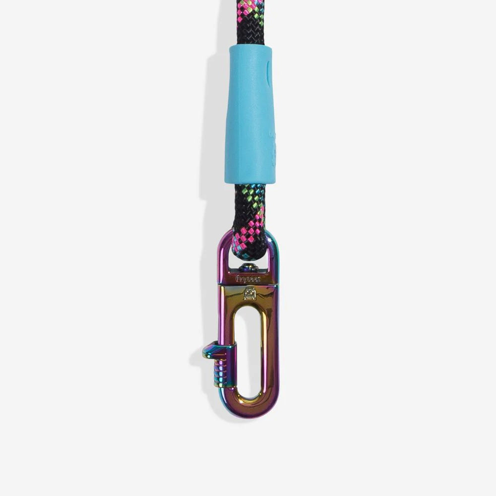 Close-up of a colourful braided rope dog lead with a shiny, multi-coloured metal clasp and a blue rubber grip at the top.