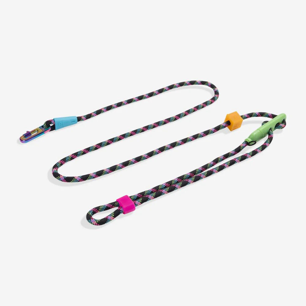 Colourful braided rope with a purple clip, featuring colourful plastic accents in blue, orange, and green. Ideal for outdoor use.