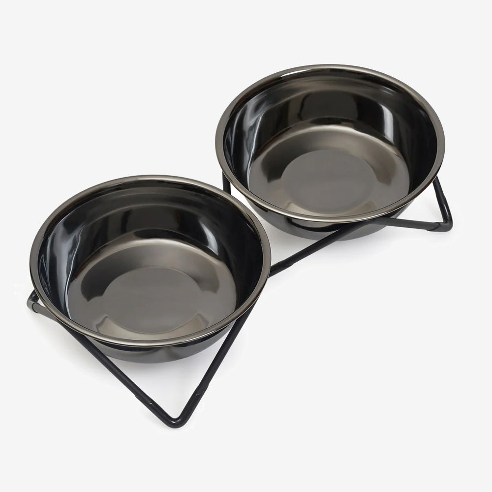 Two stainless steel nickel pet bowls in a metal black stand on a white background.