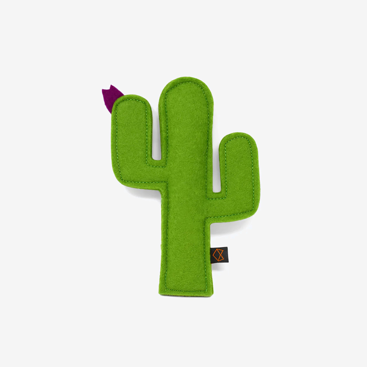 Green felt cactus plush toy with a purple flower, displayed on a white background.