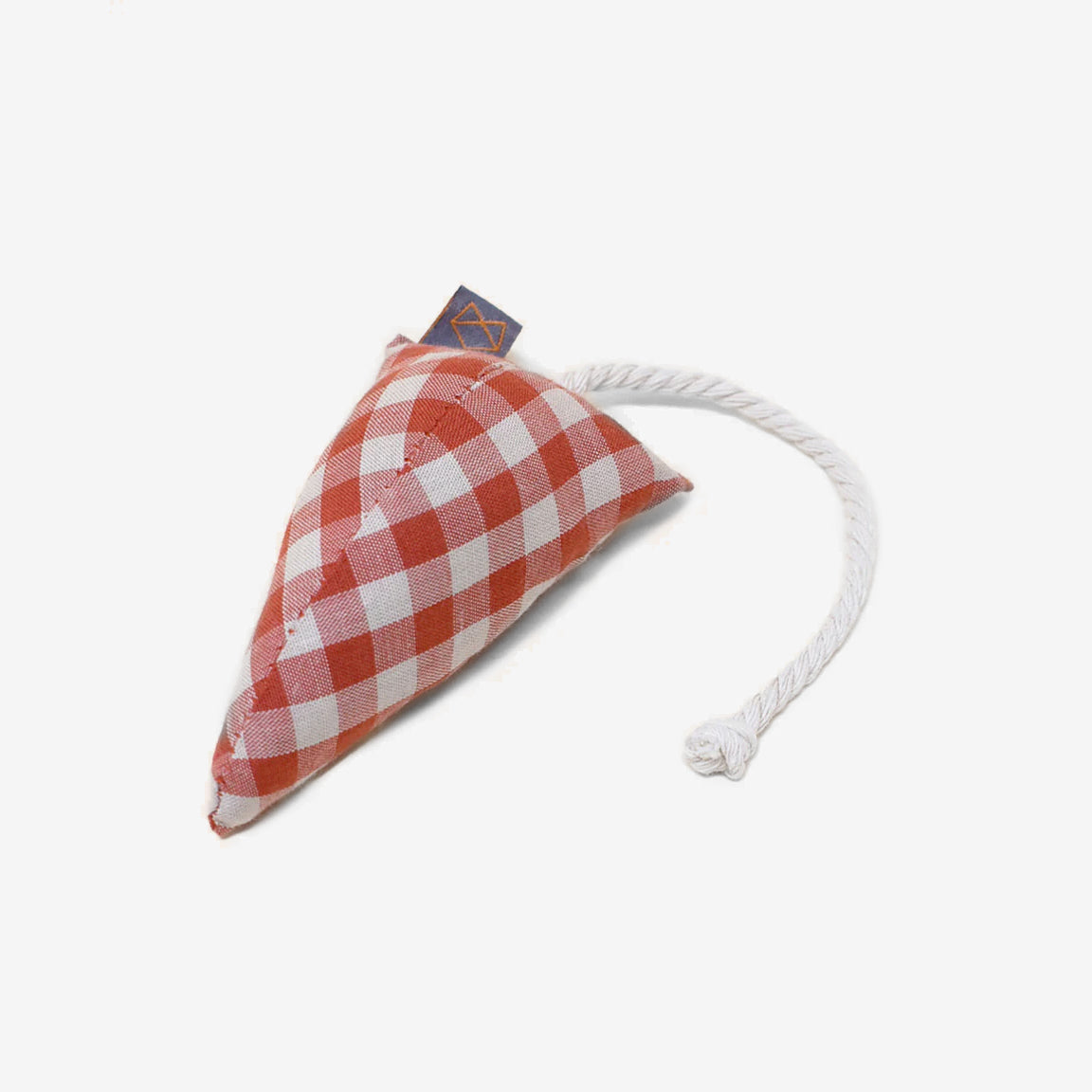 A triangular fabric toy with a red and white gingham pattern, featuring a rope attached for easy handling or playing.