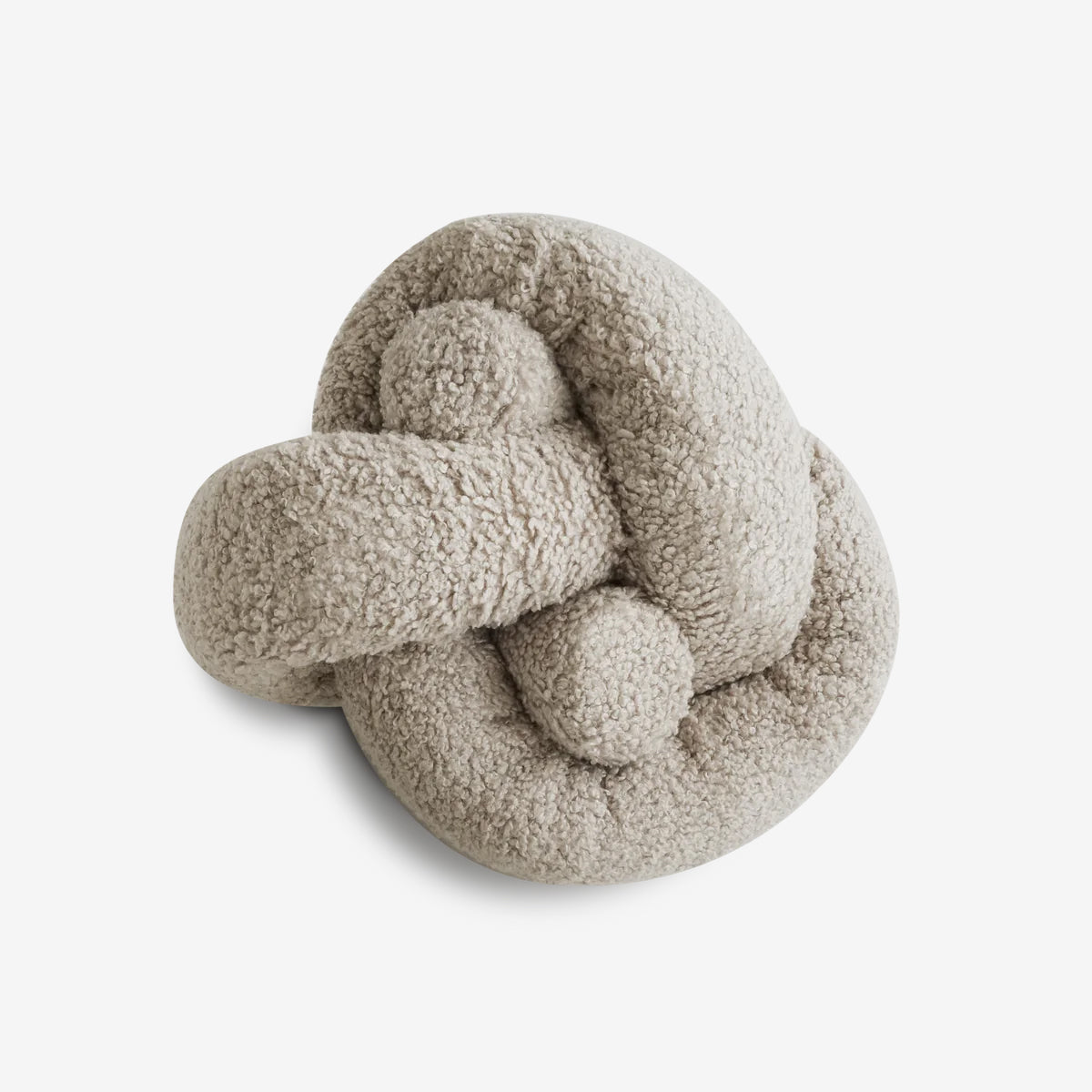 A plush, knot-shaped toy in soft gray fabric, featuring textured loops for a cozy, inviting appearance.