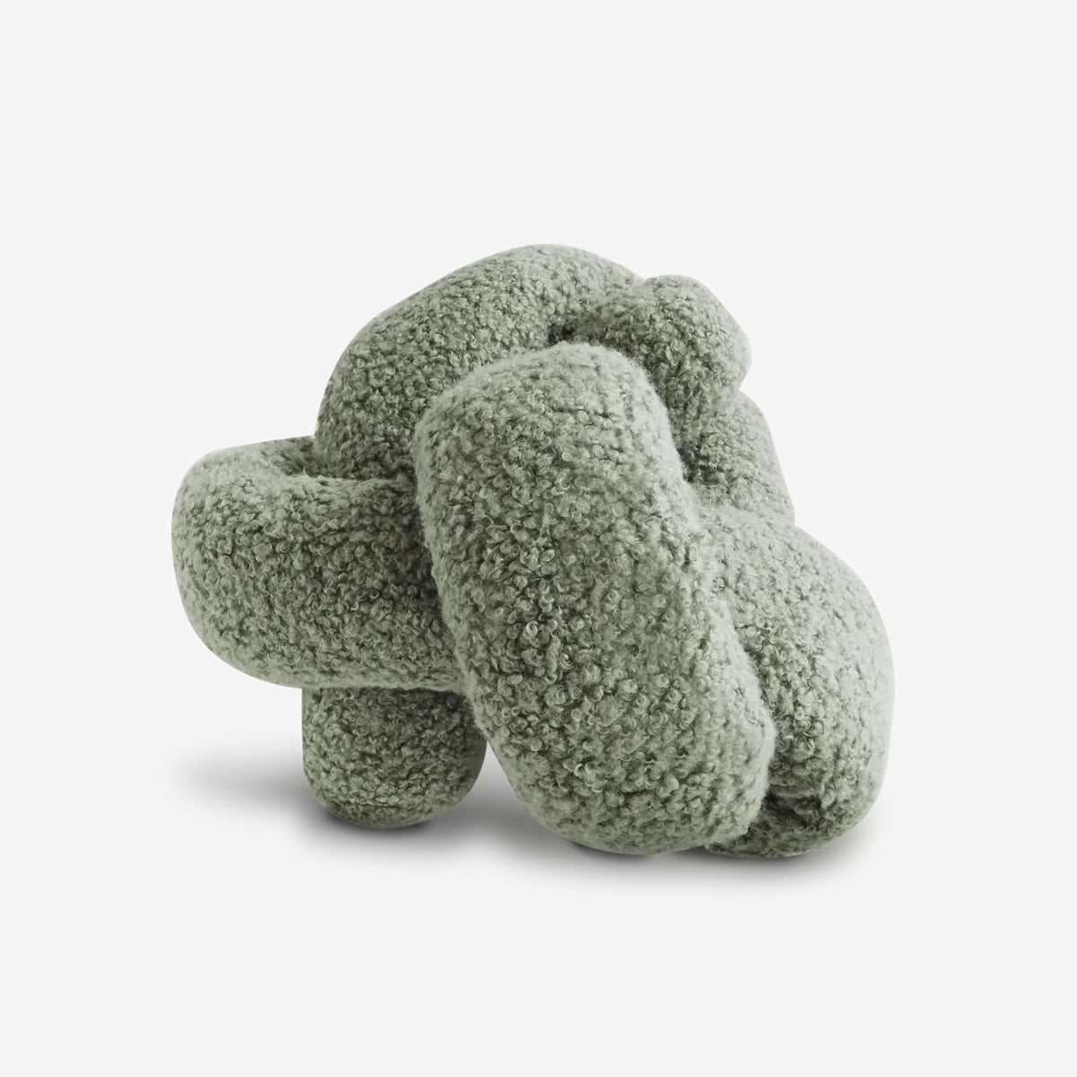 A plush, knot-shaped toy in soft gray fabric, featuring textured loops for a cozy, inviting appearance.