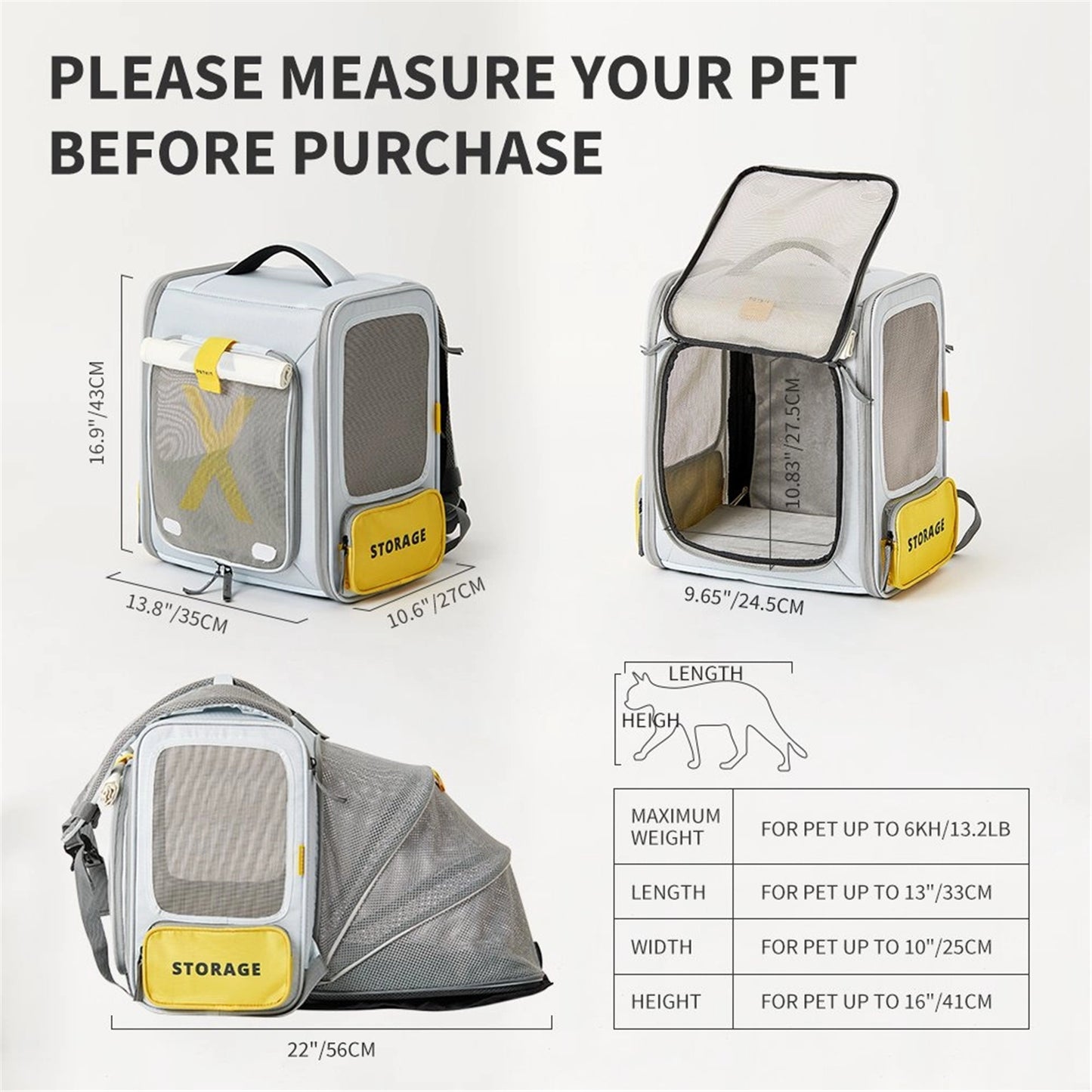 An infographic showing various views of a pet carrier with dimensions and weight limits.