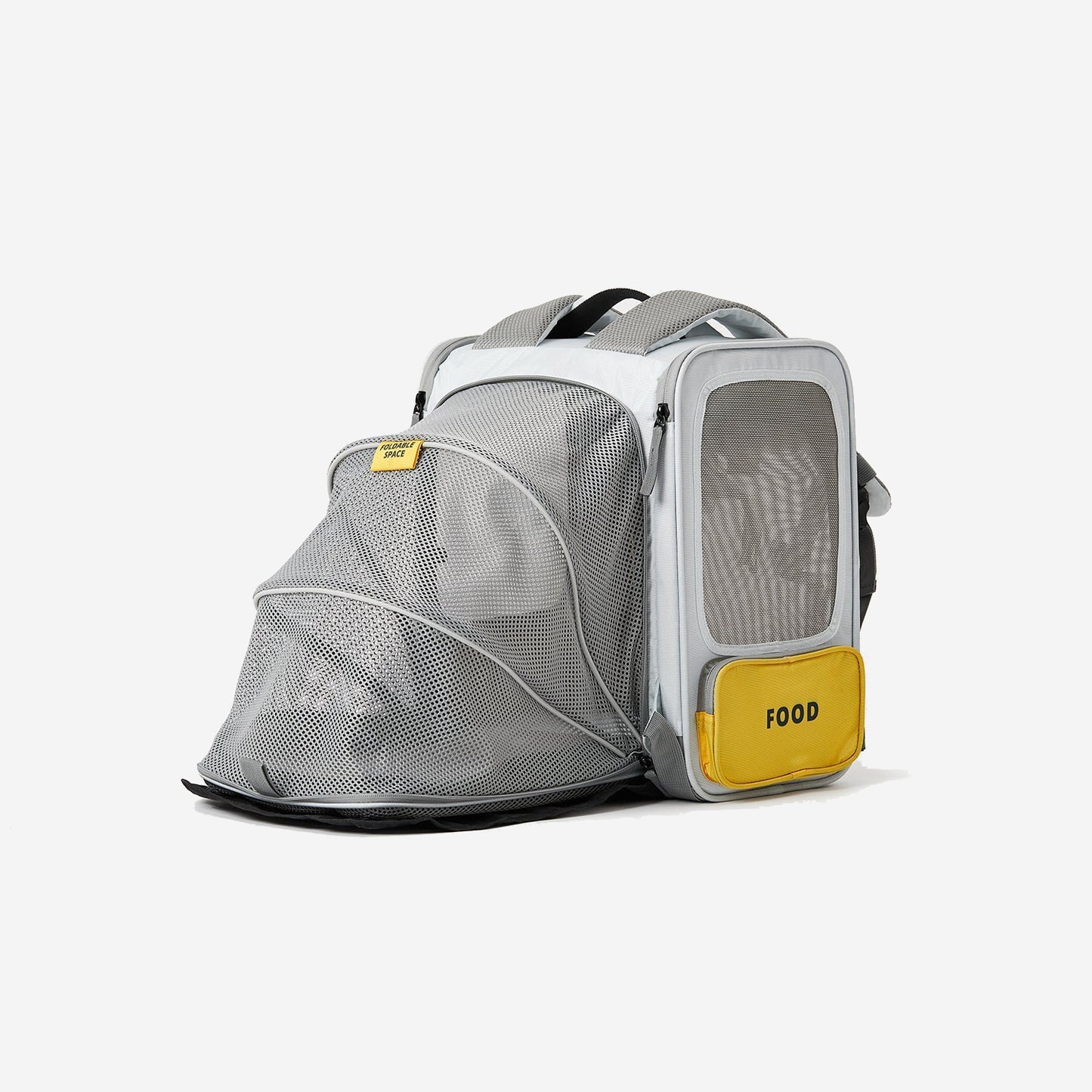 Grey pet carrier backpack with mesh sides and a yellow "FOOD" compartment.