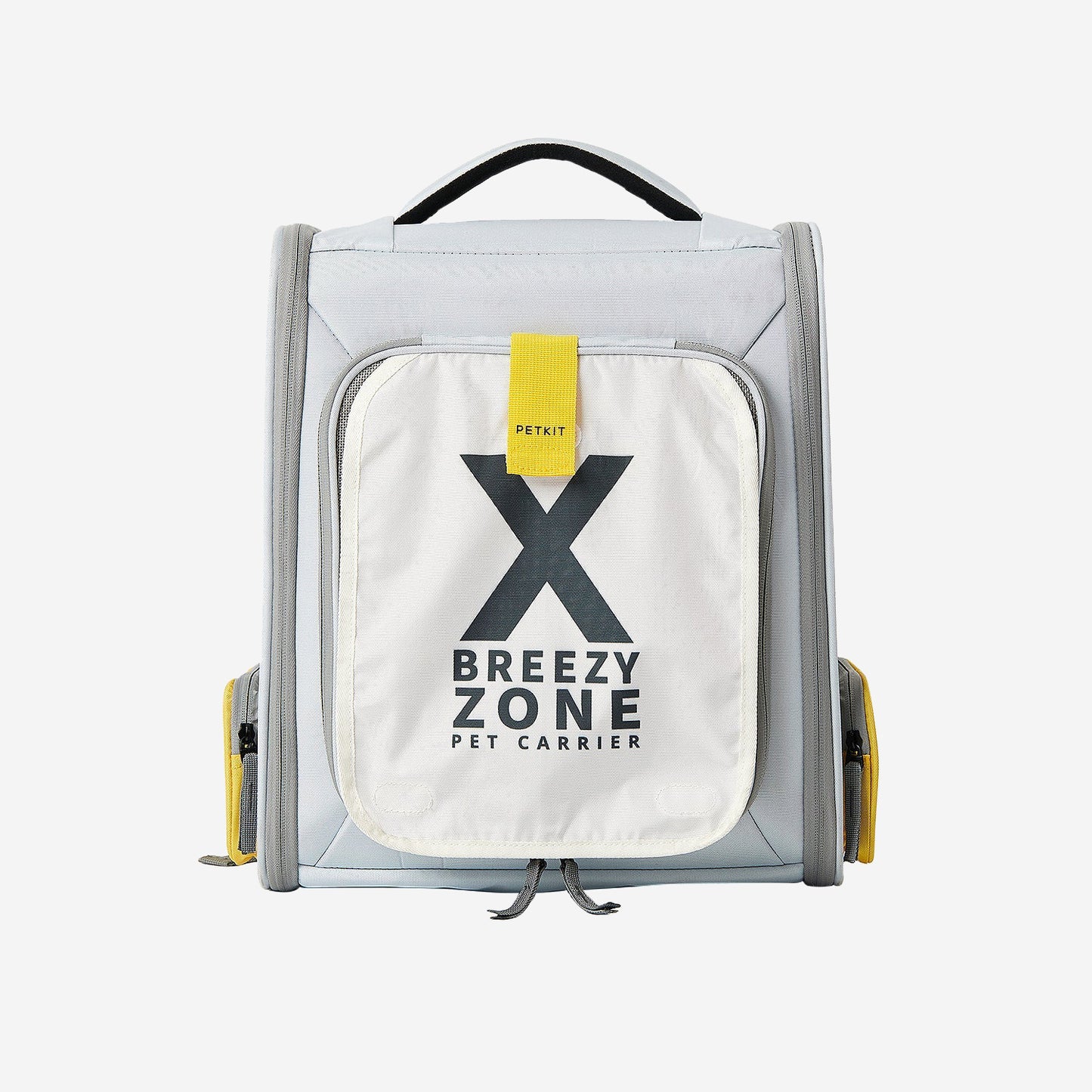 Grey and yellow pet carrier backpack with "BREEZY ZONE PET CARRIER" text.