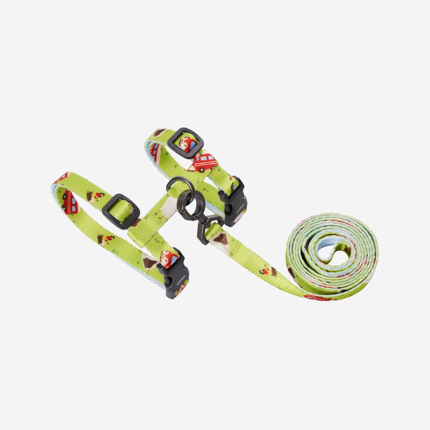 Lime green, cat harness, patterned withred campervans and little people outside camping. Featuring black branded buckles and a galvanised metal hook.