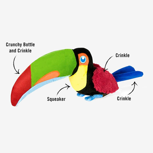 A colourful plush toucan toy featuring a squeaker, crinkle sounds, and a crunchy bottle for interactive play.