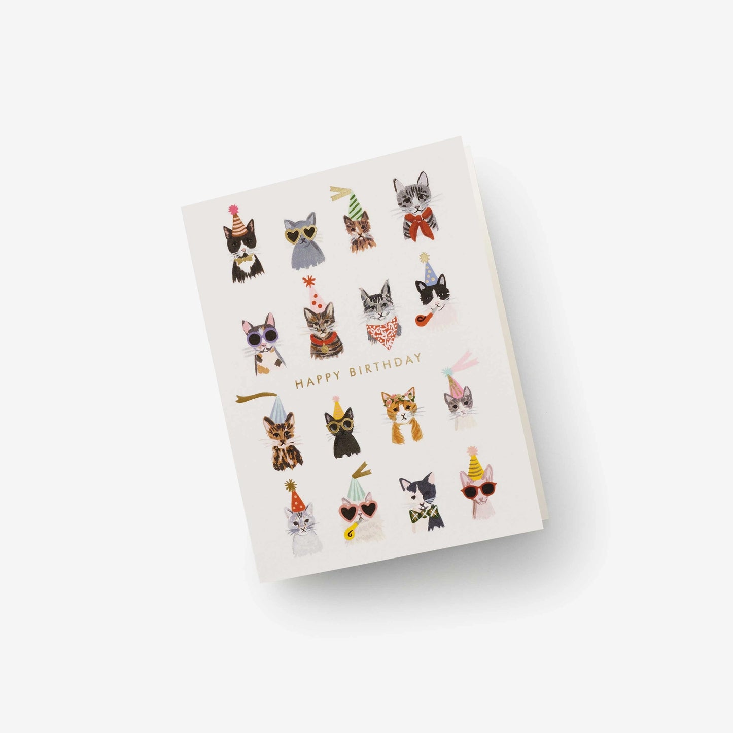 A colourful birthday card featuring playful illustrations of various cats wearing party hats and accessories, with "HAPPY BIRTHDAY" text.
