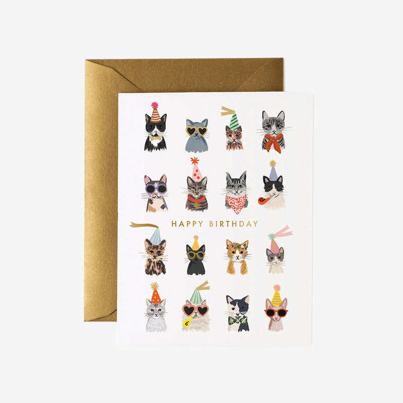 A colourful birthday card featuring various cats wearing festive hats and sunglasses, with "HAPPY BIRTHDAY" in gold text.
