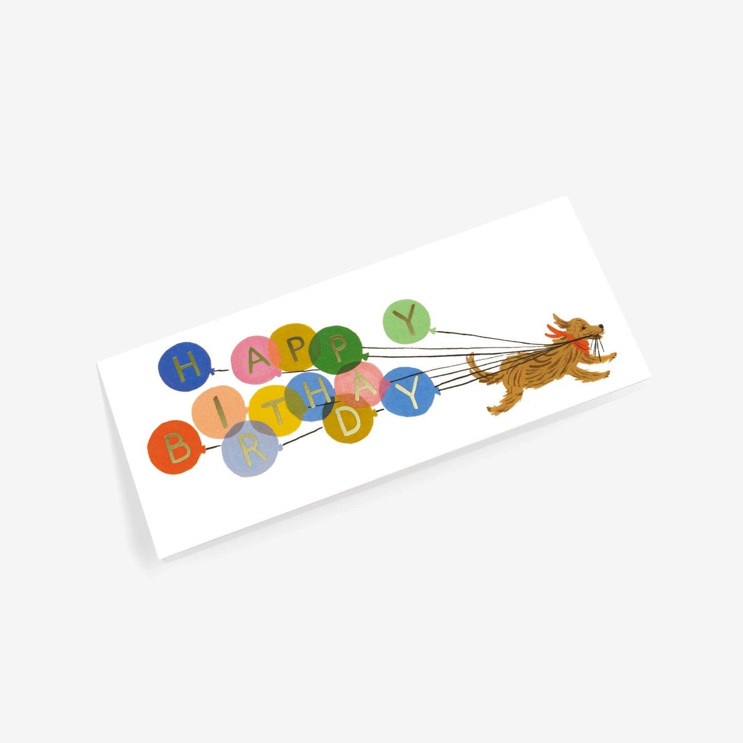 A playful dog runs with colourful balloons spelling "Happy Birthday," set against a bright background.