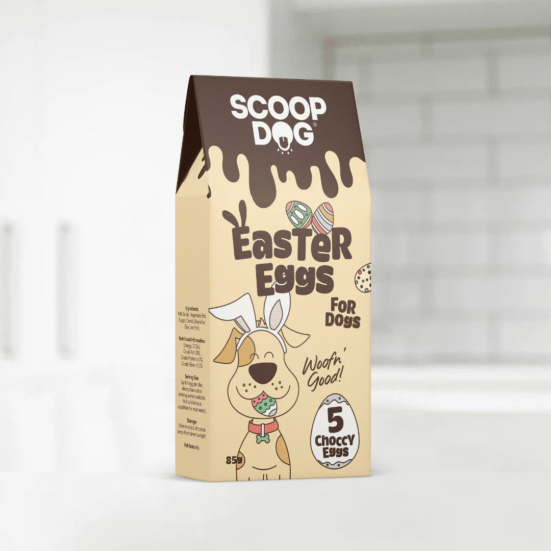 A cartoon dog on a package labeled "Scoop Dog Easter Eggs for Dogs" with chocolate drizzle illustration.