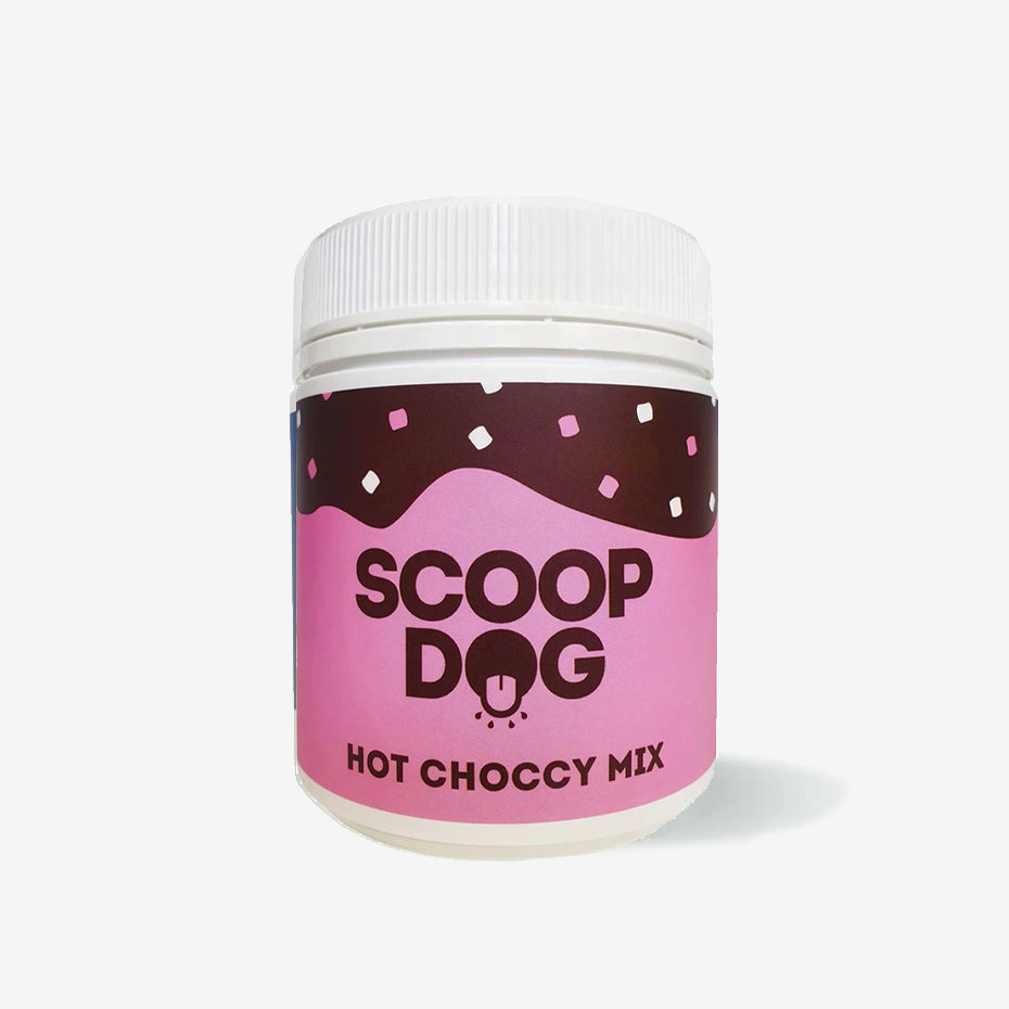 A jar labeled "SCOOP DOG HOT CHOCCY MIX" with a pink and brown design.