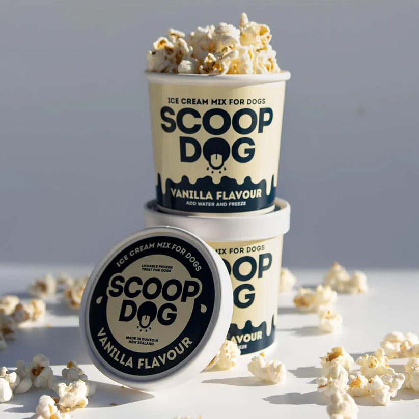 A container of "Scoop Dog" vanilla-flavoured ice cream mix for dogs, surrounded by popcorn.