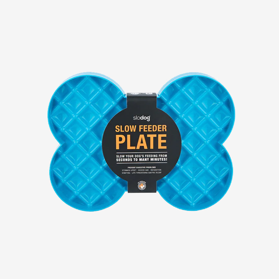Blue silicone slow feeder plate shaped like a bone, designed to extend dog feeding time and prevent digestive issues.