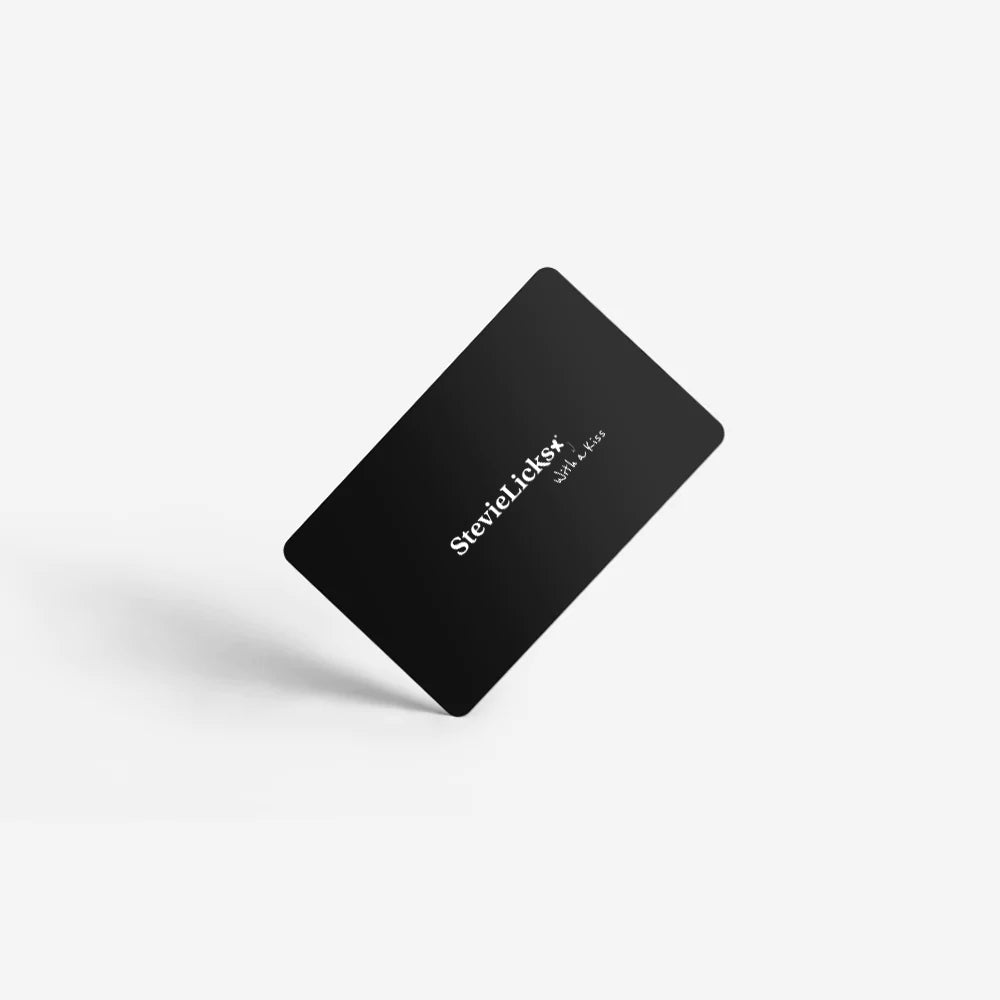 A black gift card with white text 'StevieLicksx.com' on a white background.