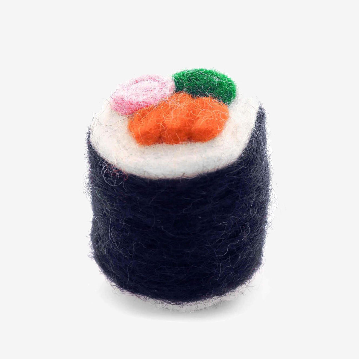 A felted wool model of sushi with pink, green, and orange toppings on a white background.