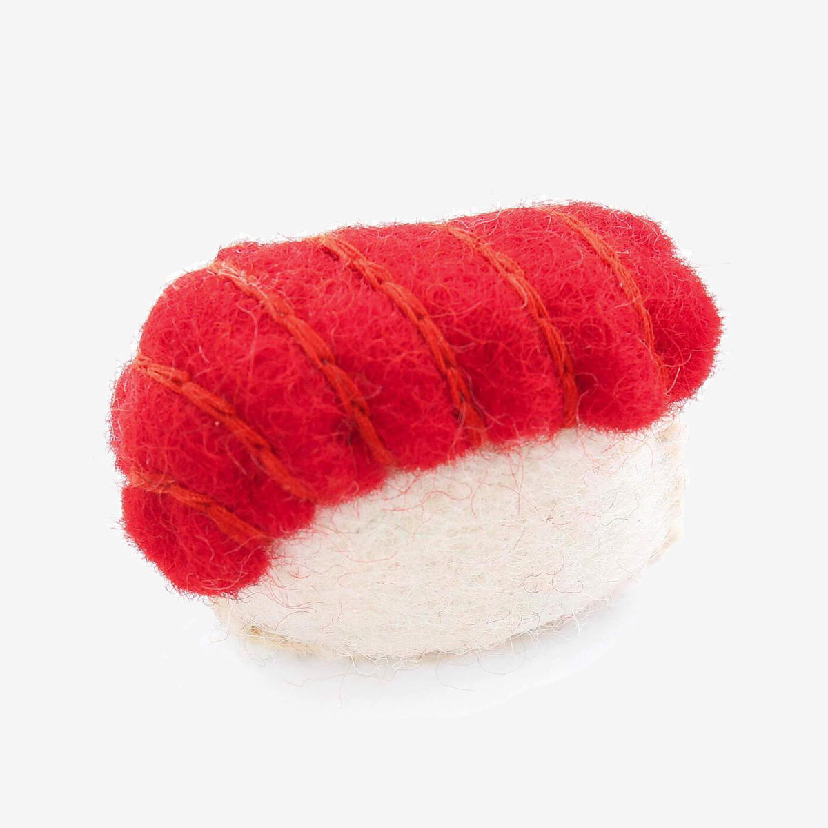A plush cat toy resembling a piece of sushi with red and white felt against a white background.