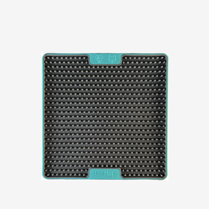 Turquoise and grey removable pet silicone lickimat mat container with rounded corners and a clean, simple design with 4 rubber dots in each corner.