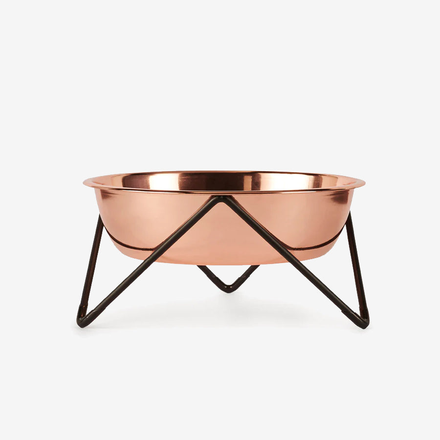 A stylish copper bowl with a sleek black metal stand, perfect for serving or decorative use.