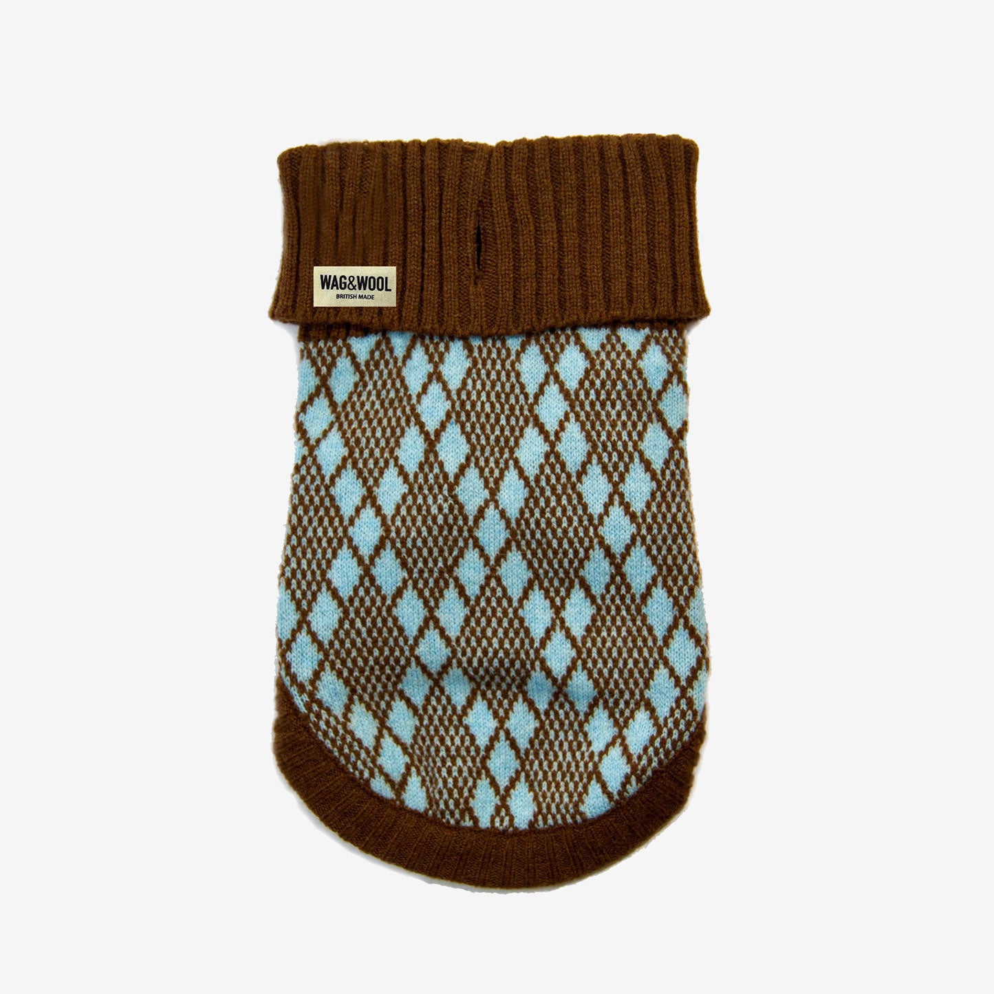 A cozy brown and light blue argyle-patterned pet sweater with a ribbed neck and a "Wag & Wool" label.