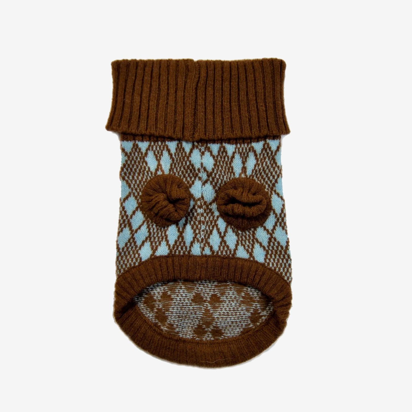 Brown and blue argyle dog sweater on a white background.