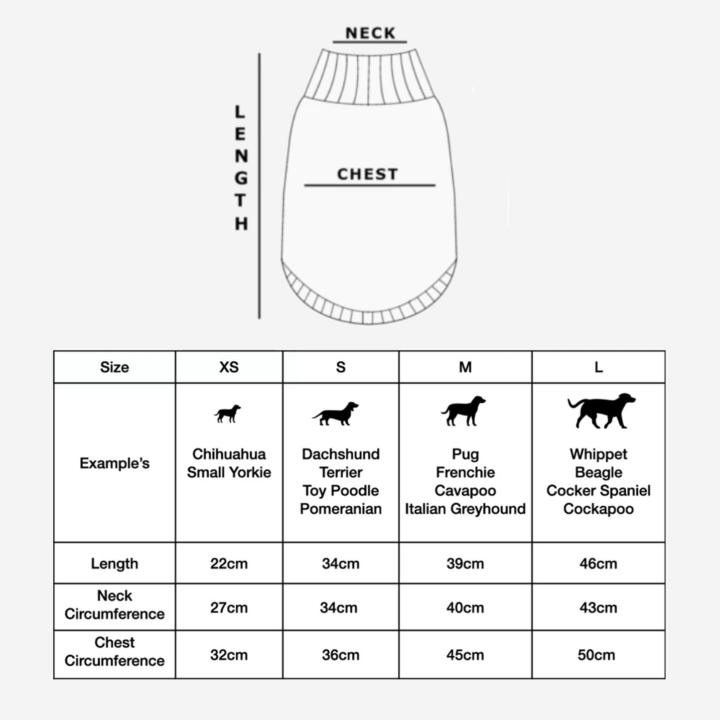 Diagram of dog clothing sizes with the corresponding dog breed examples and measurements.
