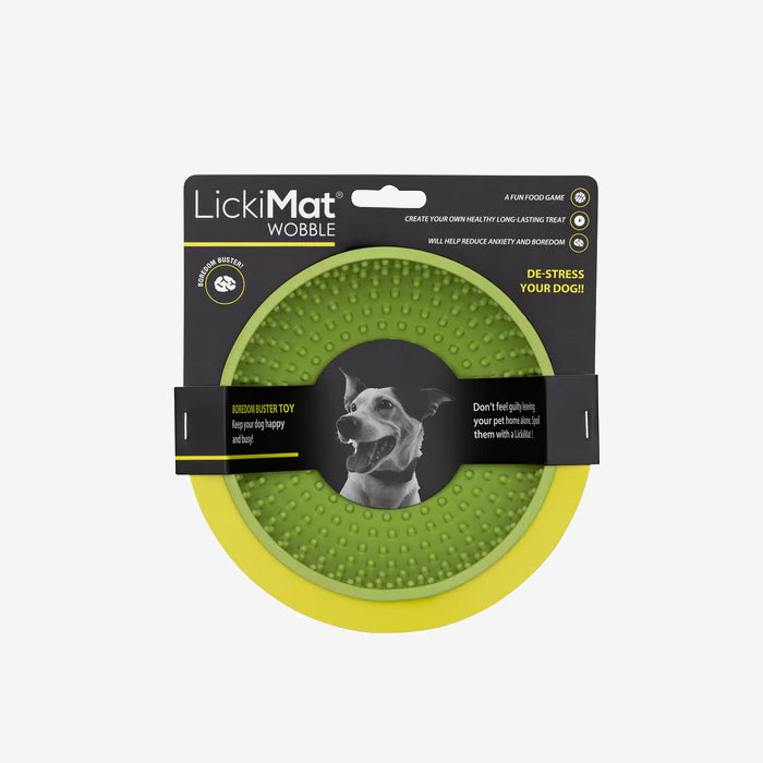 Green LickiMat Wobble toy for dogs, designed to reduce boredom and anxiety while encouraging playful eating and licking.