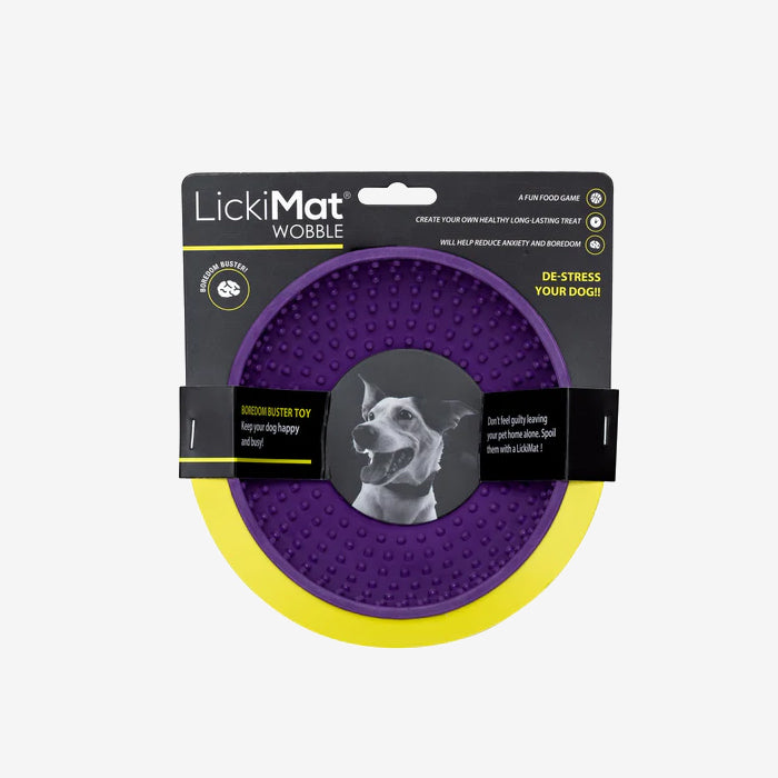 Purple LickiMat Wobble dog toy packaging, promoting boredom-busting fun and anxiety reduction for pets.